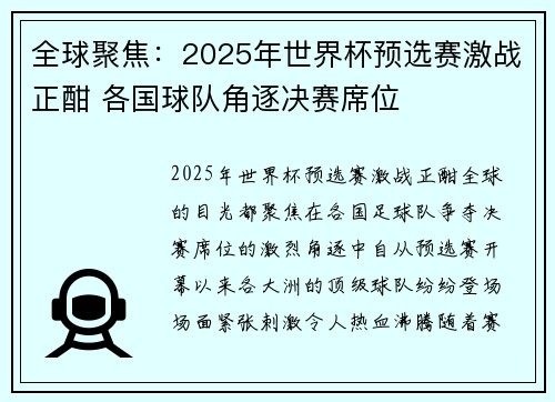 全球聚焦：2025年世界杯预选赛激战正酣 各国球队角逐决赛席位
