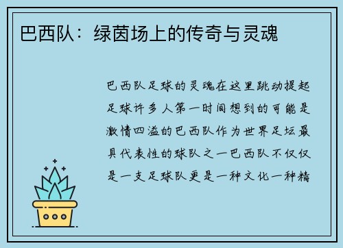 巴西队：绿茵场上的传奇与灵魂
