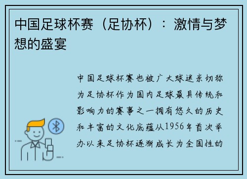 中国足球杯赛（足协杯）：激情与梦想的盛宴