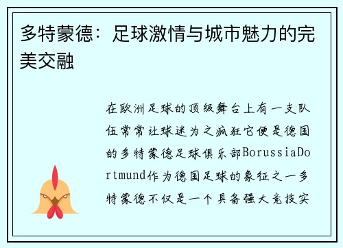 多特蒙德：足球激情与城市魅力的完美交融
