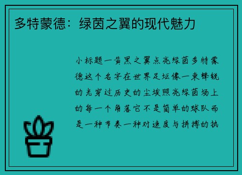 多特蒙德：绿茵之翼的现代魅力