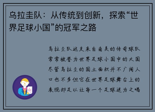 乌拉圭队：从传统到创新，探索“世界足球小国”的冠军之路